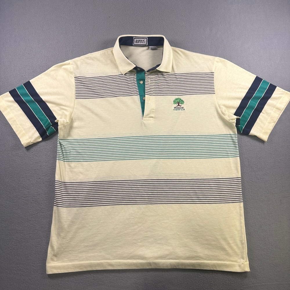 Vintage Aureus Oakhurst Country Club Striped Polo Shirt Mens XL Cream Teal Navy